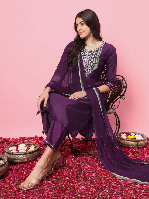 Purple Silk Blend Pant Suit 190059 Closure View